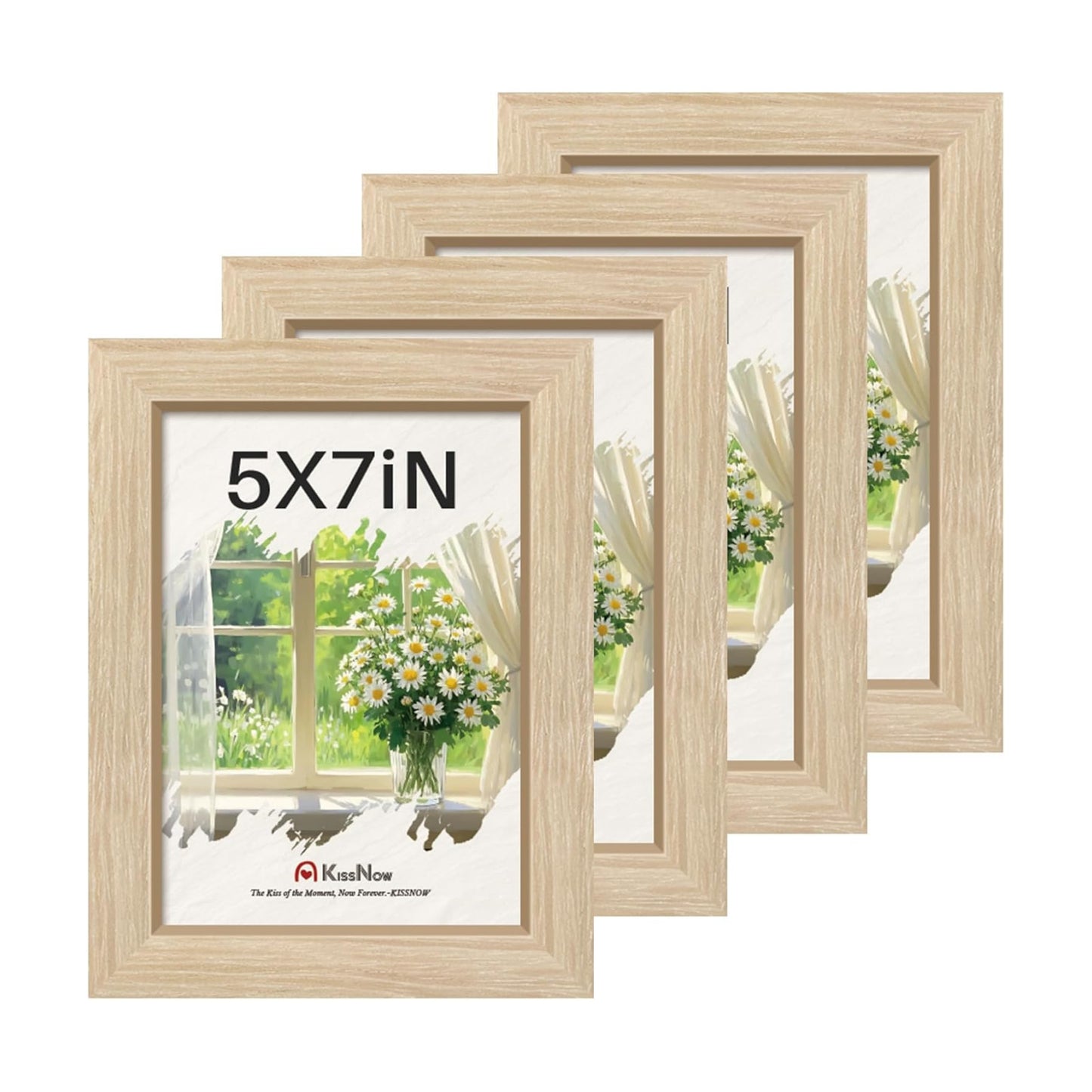 5x7 Picture Frame 4 Pack, Oak Solid Wood, Wall or Tabletop, Room | Gallery Wall Set, Thick & Wide Border, Polished