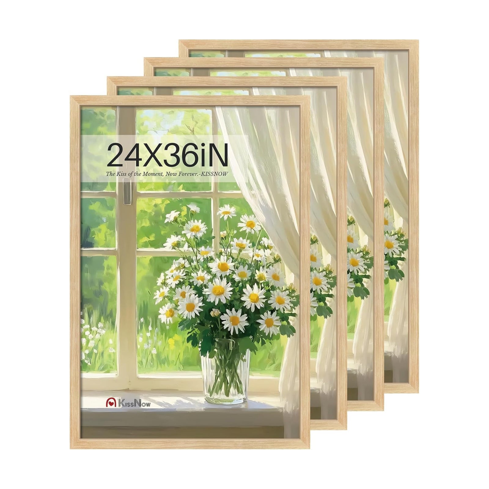 24x36 Poster Frame 4 Pack, Oak Solid Wood, Gallery Wall Hanging Art | Wall Hanging, Thick & Wide Border, Clear