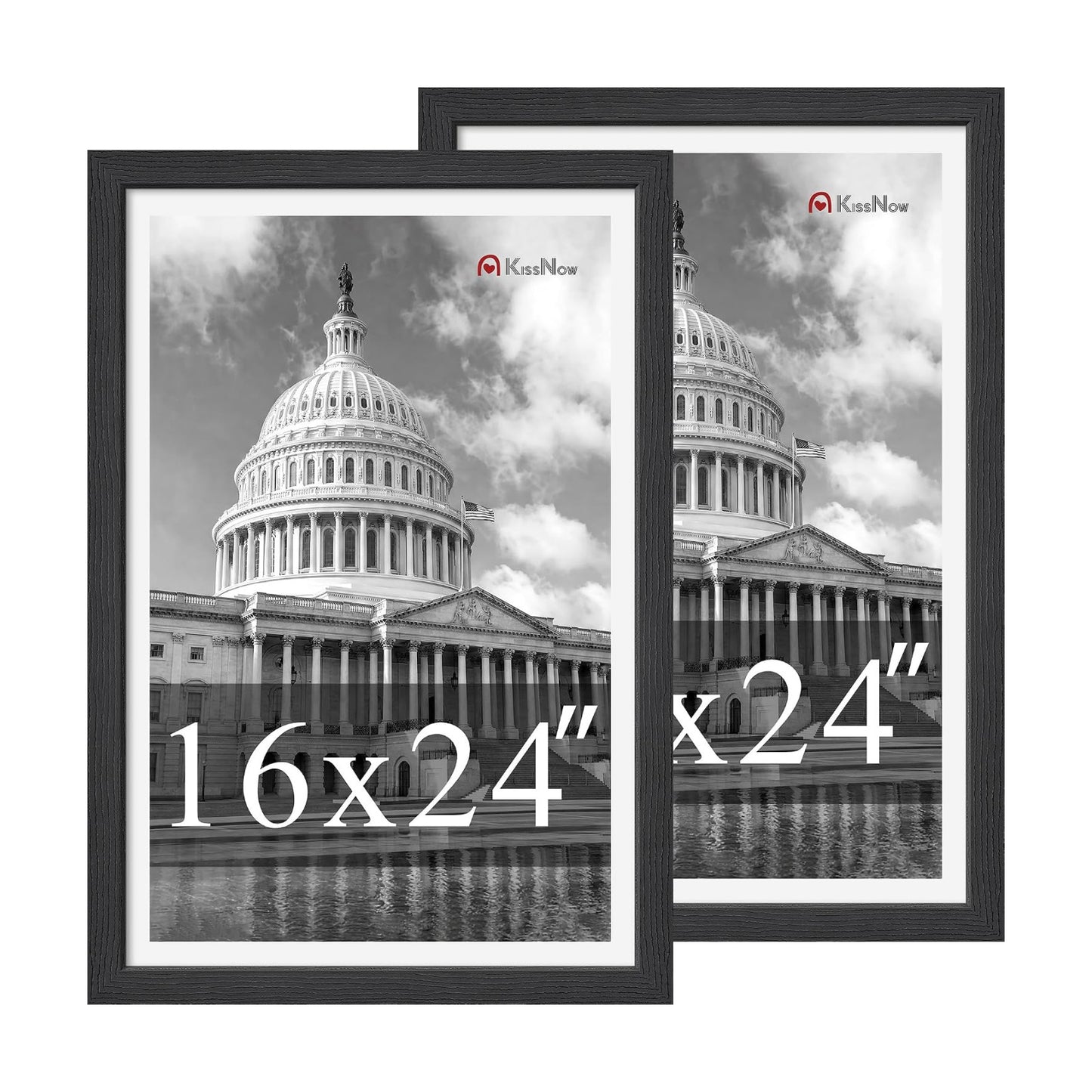 16x24 Picture Frame, Black Solid Wood, 2 Pack, Wall Hanging for Art | Thick & Wide Border, HD Plexiglass, Horizontal or