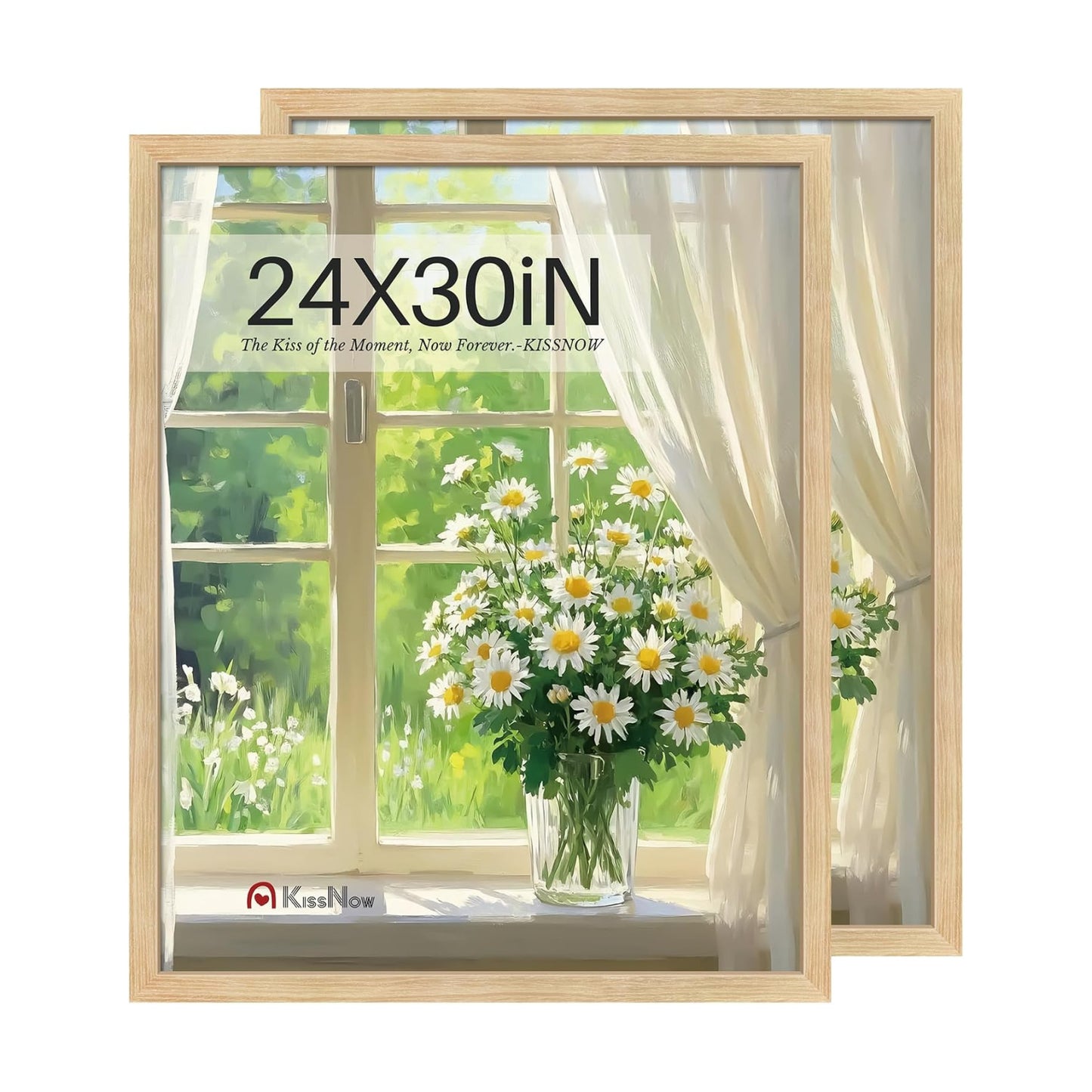 24x30 Picture Frame, Oak Solid Wood, 2 Pack, Wall Hanging for Art | Thick & Wide Border, HD Plexiglass, Horizontal or