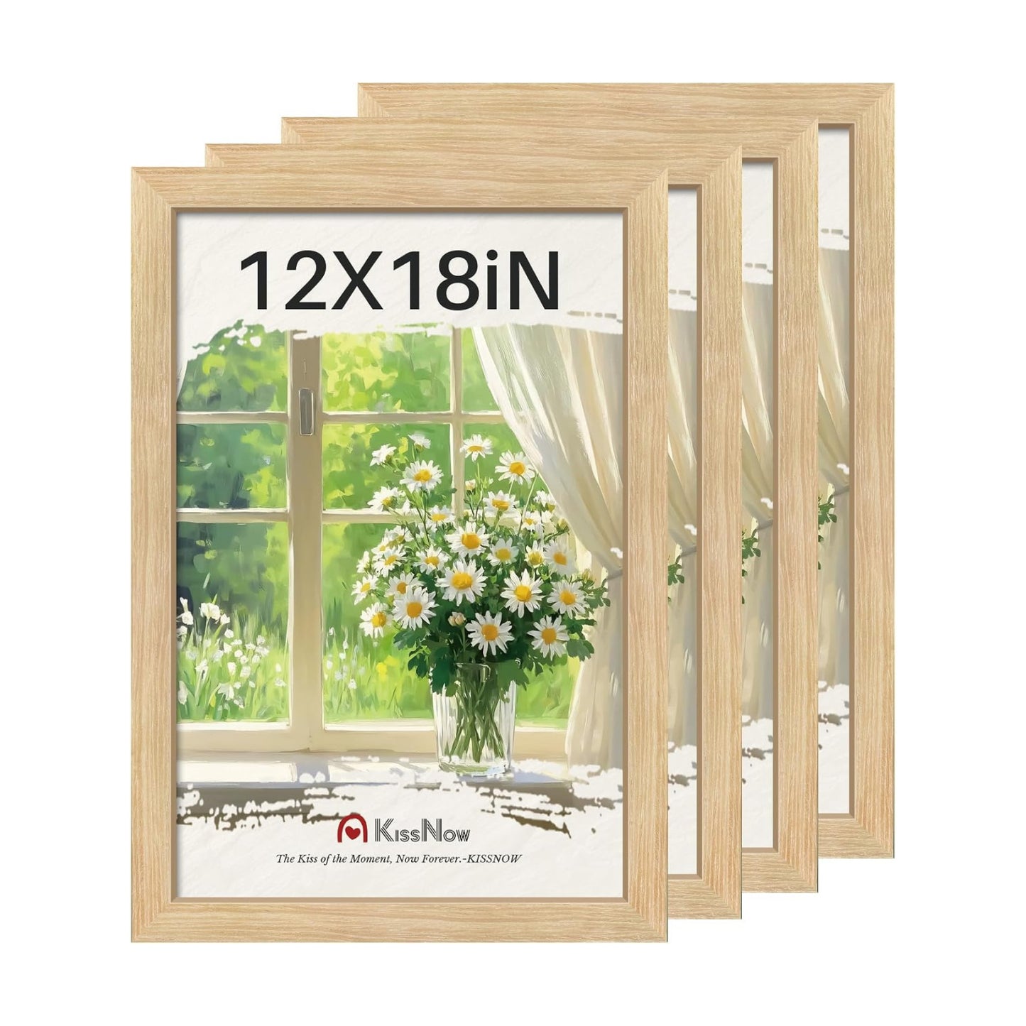 12x18 Poster Frame 4 Pack, Oak Solid Wood, Gallery Wall Decor | Wall Hanging, Thick & Wide Border, Clear Plexiglass