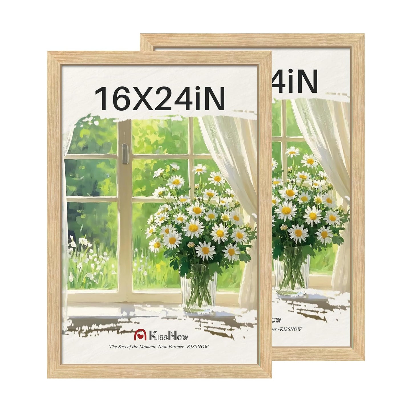 16x24 Picture Frame, Oak Solid Wood, 2 Pack, Wall Hanging for Art | Thick & Wide Border, HD Plexiglass, Horizontal or