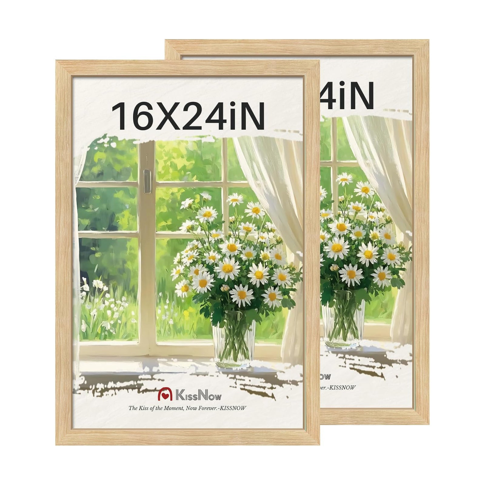 16x24 Picture Frame, Oak Solid Wood, 2 Pack, Wall Hanging for Art | Thick & Wide Border, HD Plexiglass, Horizontal or