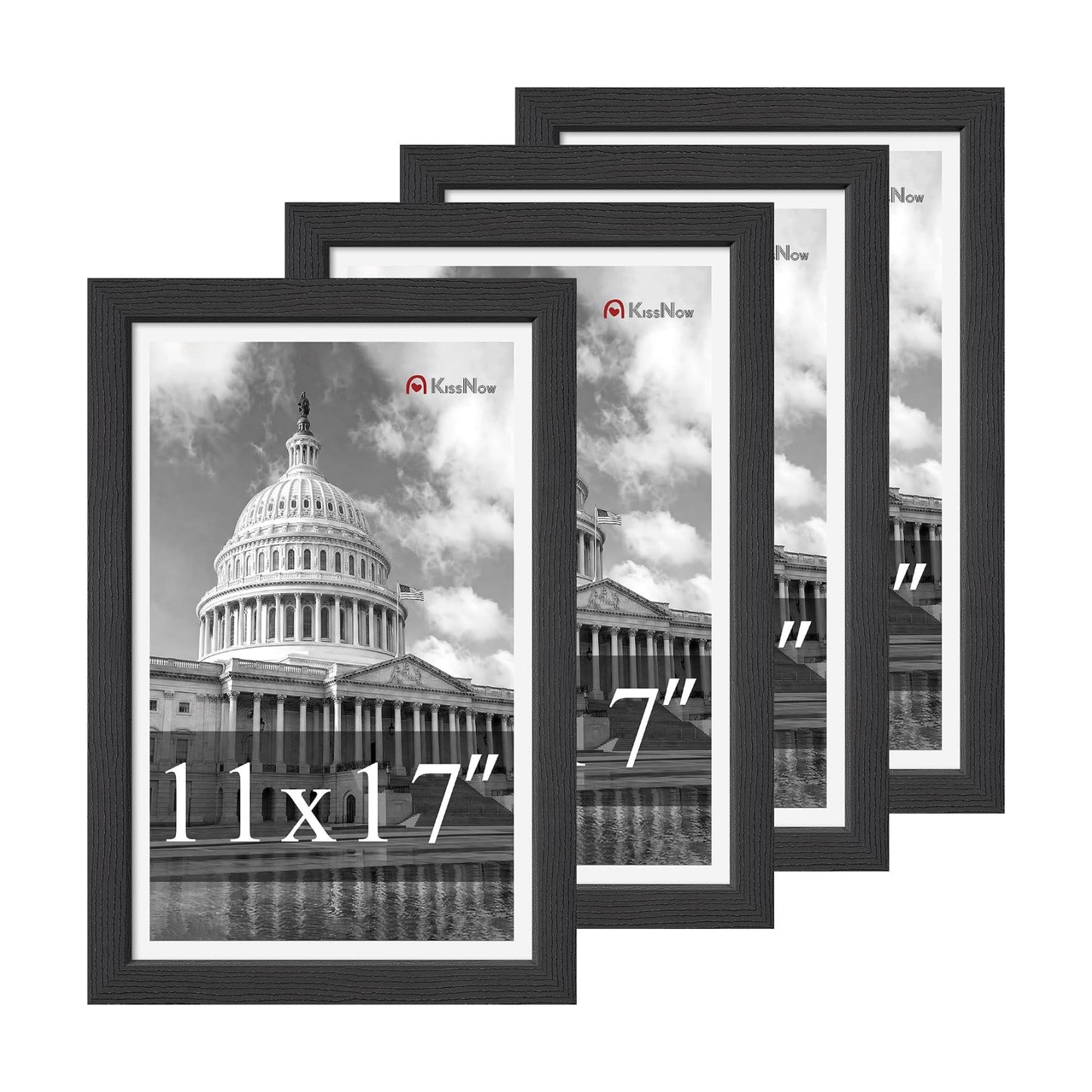 11x17 Picture Frame 4 Pack, Black Solid Wood, Gallery Wall Decor | Wall Hanging, Thick & Wide Border, Clear Plexiglass