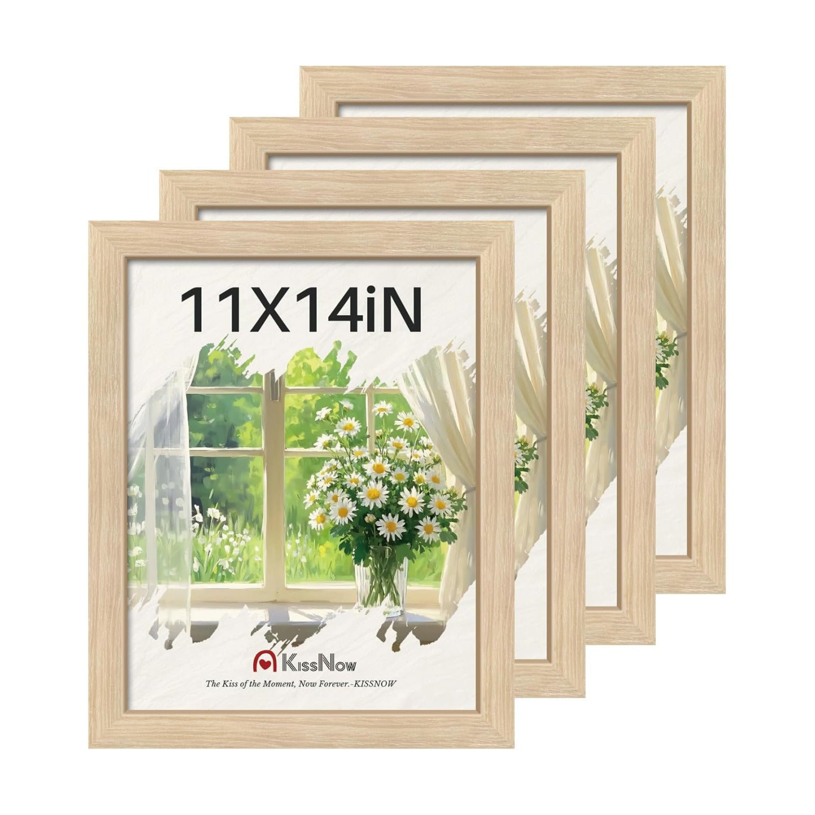 11x14 Picture Frame 4 Pack, Oak Solid Wood, Gallery Wall Decor | Wall Hanging, Thick & Wide Border, Clear Plexiglass