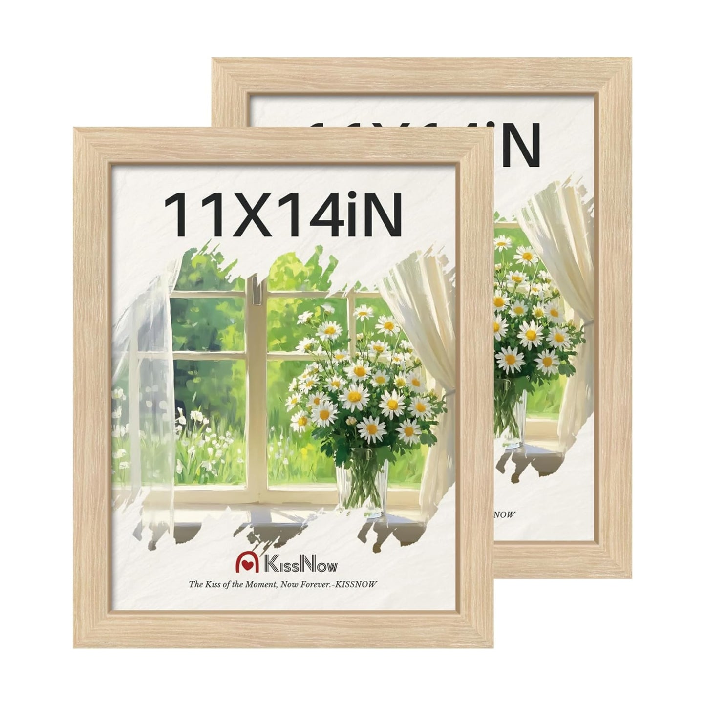 11x14 Picture Frame, Oak Solid Wood, 2 Pack, Wall Hanging for Art | Thick & Wide Border, HD Plexiglass, Horizontal or