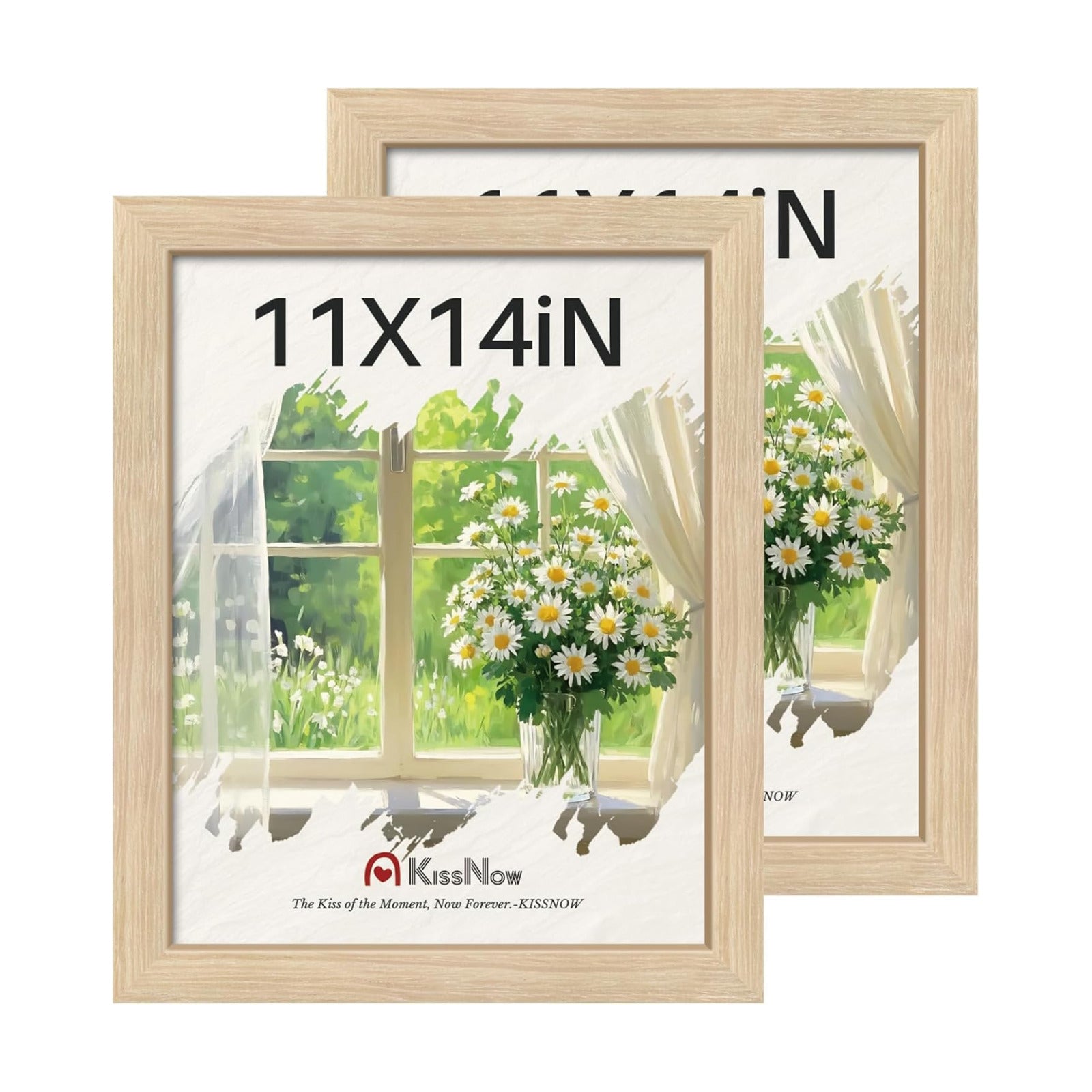 11x14 Picture Frame, Oak Solid Wood, 2 Pack, Wall Hanging for Art | Thick & Wide Border, HD Plexiglass, Horizontal or