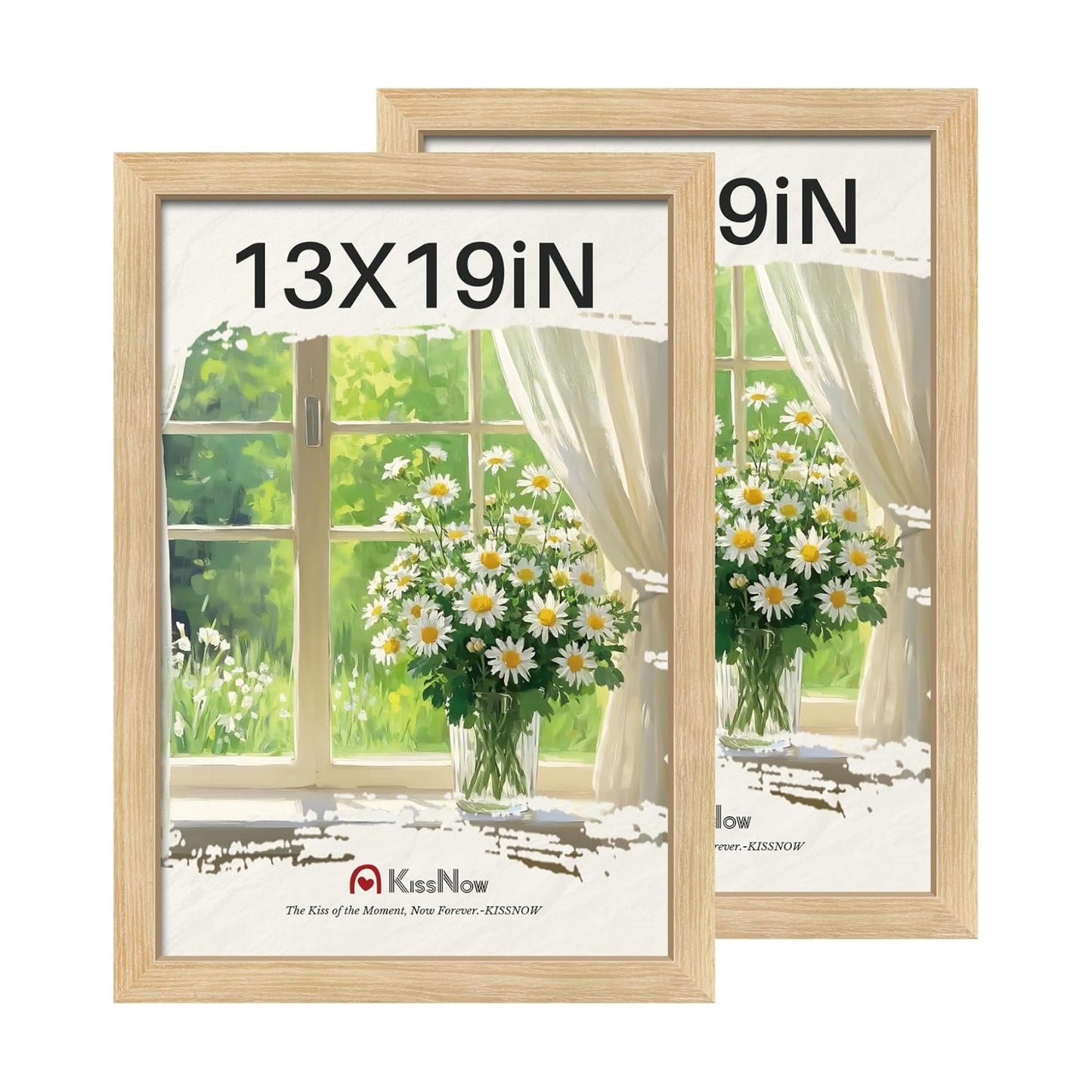 13x19 Picture Frame, Oak Solid Wood, 2 Pack, Wall Hanging for Art | Thick & Wide Border, HD Plexiglass, Horizontal or