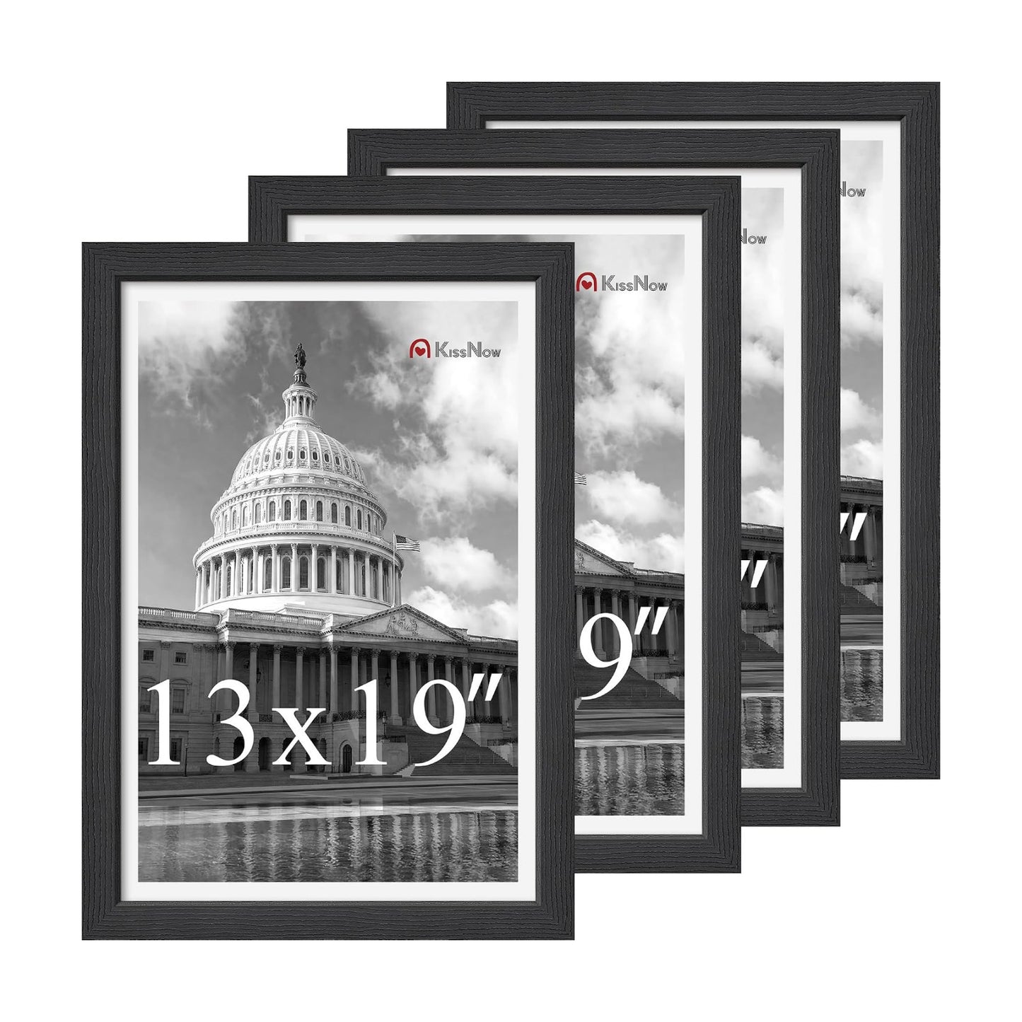 13x19 Picture Frame 4 Pack, Black Solid Wood, Gallery Wall Decor | Wall Hanging, Thick & Wide Border, Clear Plexiglass