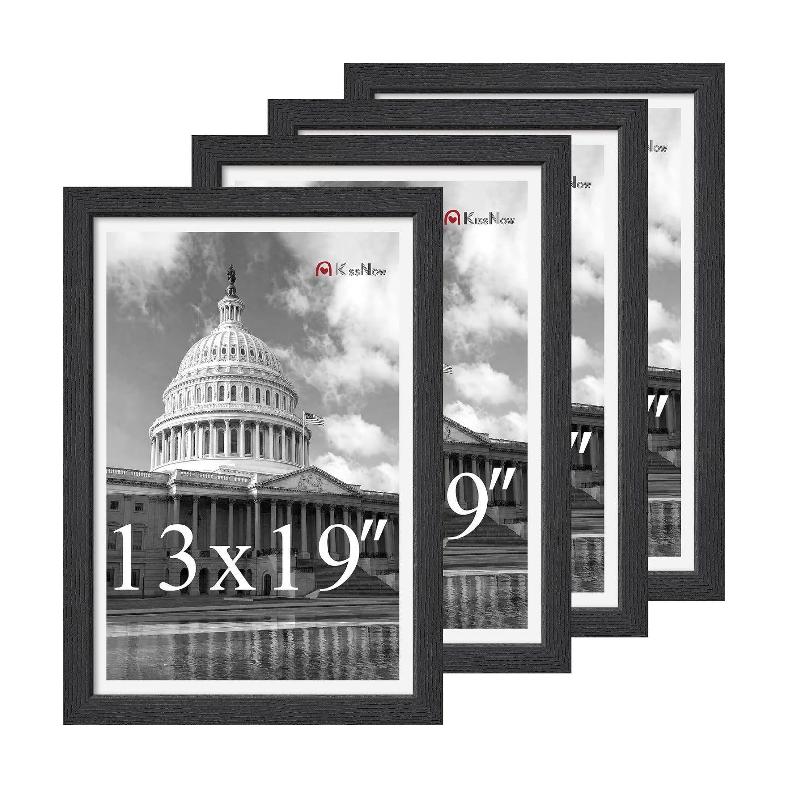 13x19 Picture Frame 4 Pack, Black Solid Wood, Gallery Wall Decor | Wall Hanging, Thick & Wide Border, Clear Plexiglass