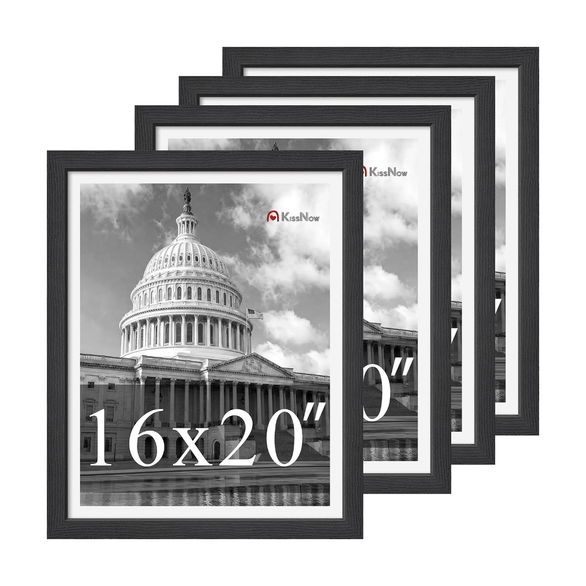 16x20 Picture Frame 4 Pack, Black Solid Wood, Gallery Wall Decor | Wall Hanging, Thick & Wide Border, Clear Plexiglass