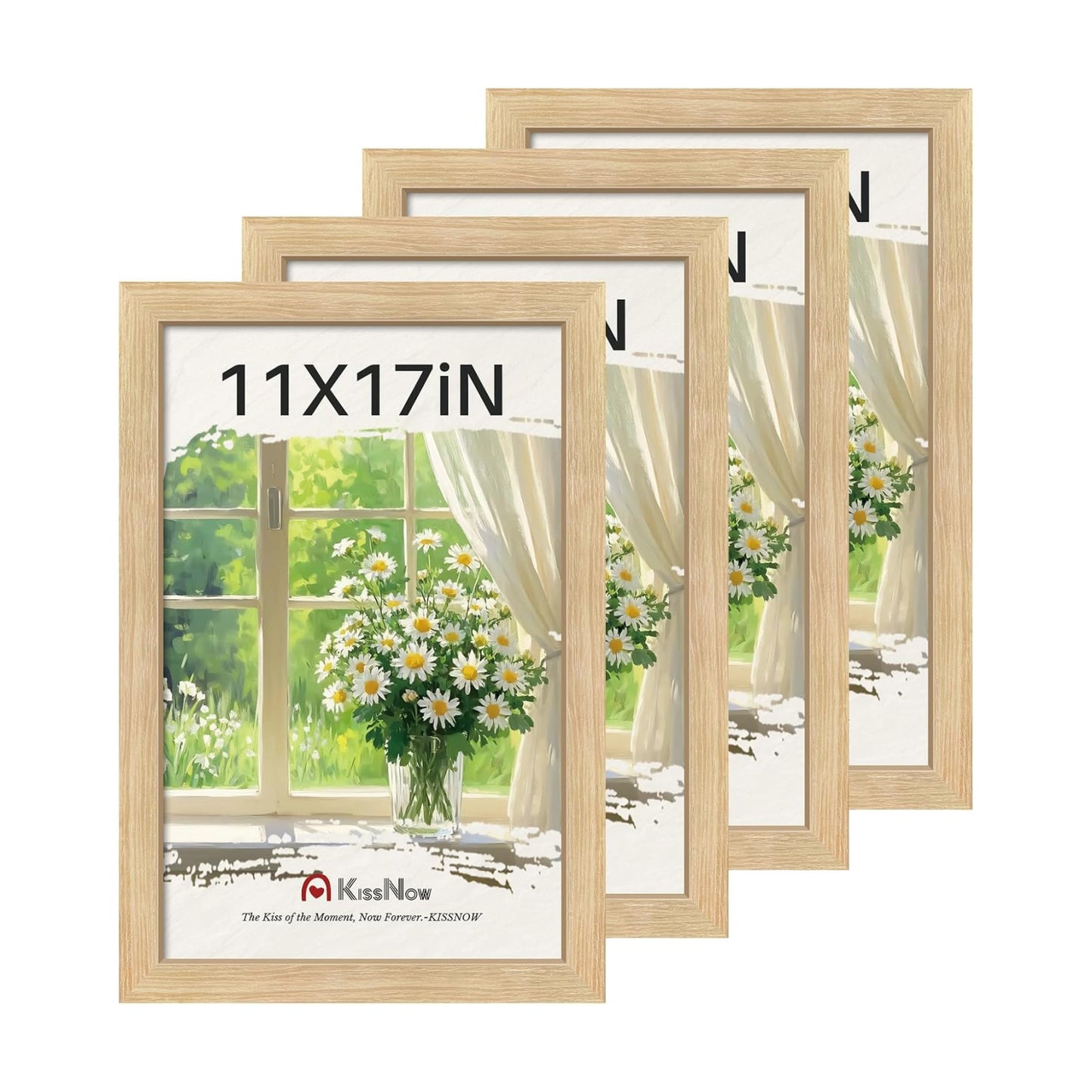 11x17 Picture Frame 4 Pack, Oak Solid Wood, Gallery Wall Decor | Wall Hanging, Thick & Wide Border, Clear Plexiglass