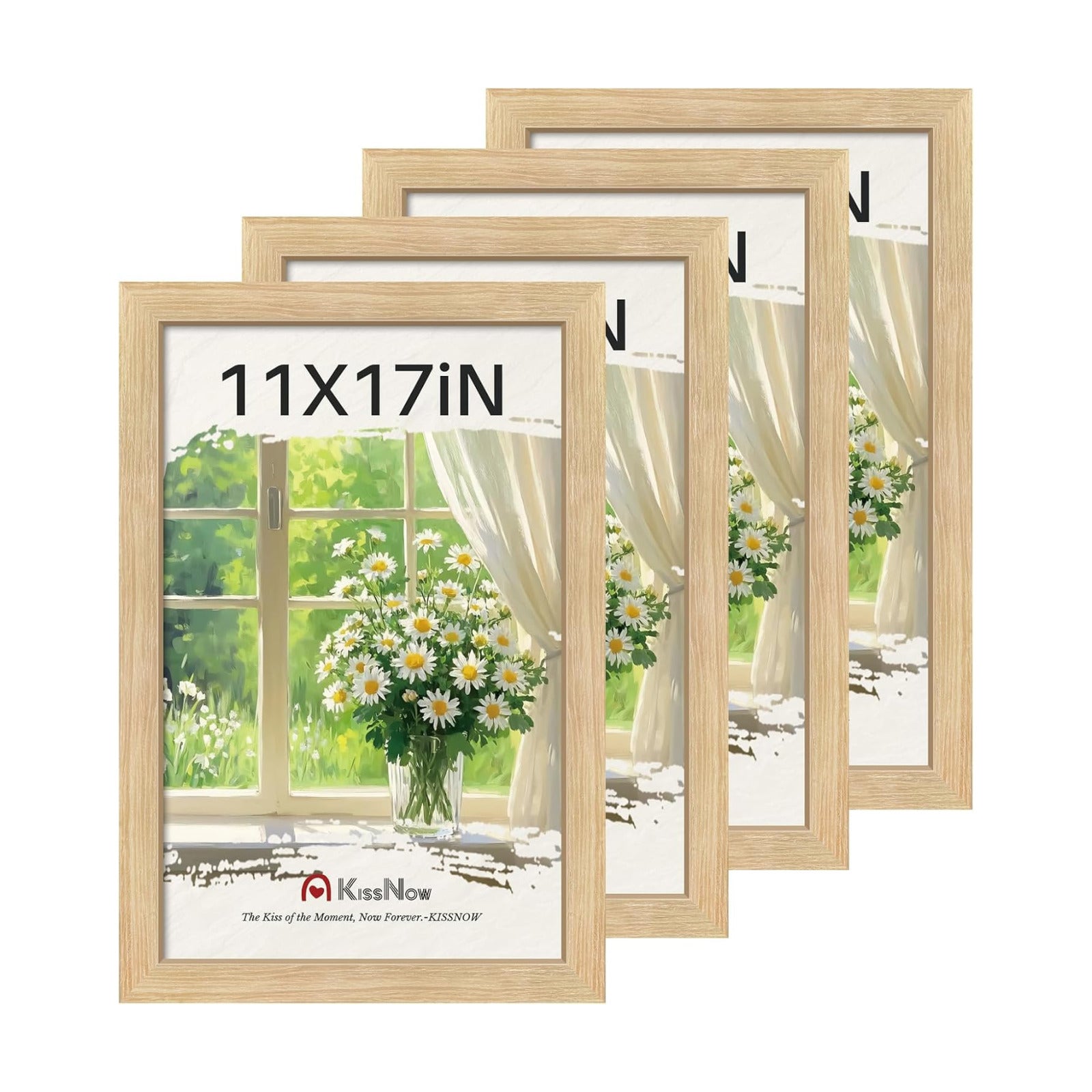 11x17 Picture Frame 4 Pack, Oak Solid Wood, Gallery Wall Decor | Wall Hanging, Thick & Wide Border, Clear Plexiglass