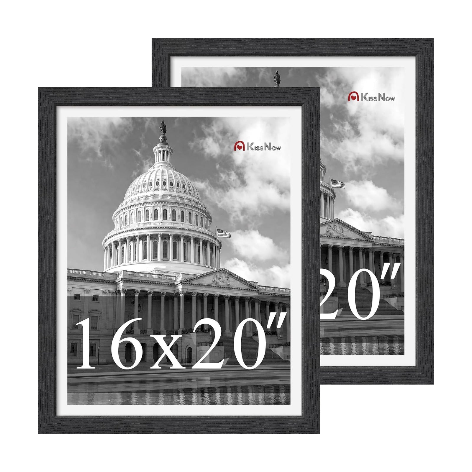 16x20 Picture Frame, Black Solid Wood, 2 Pack, Wall Hanging for Art | Thick & Wide Border, HD Plexiglass, Horizontal or