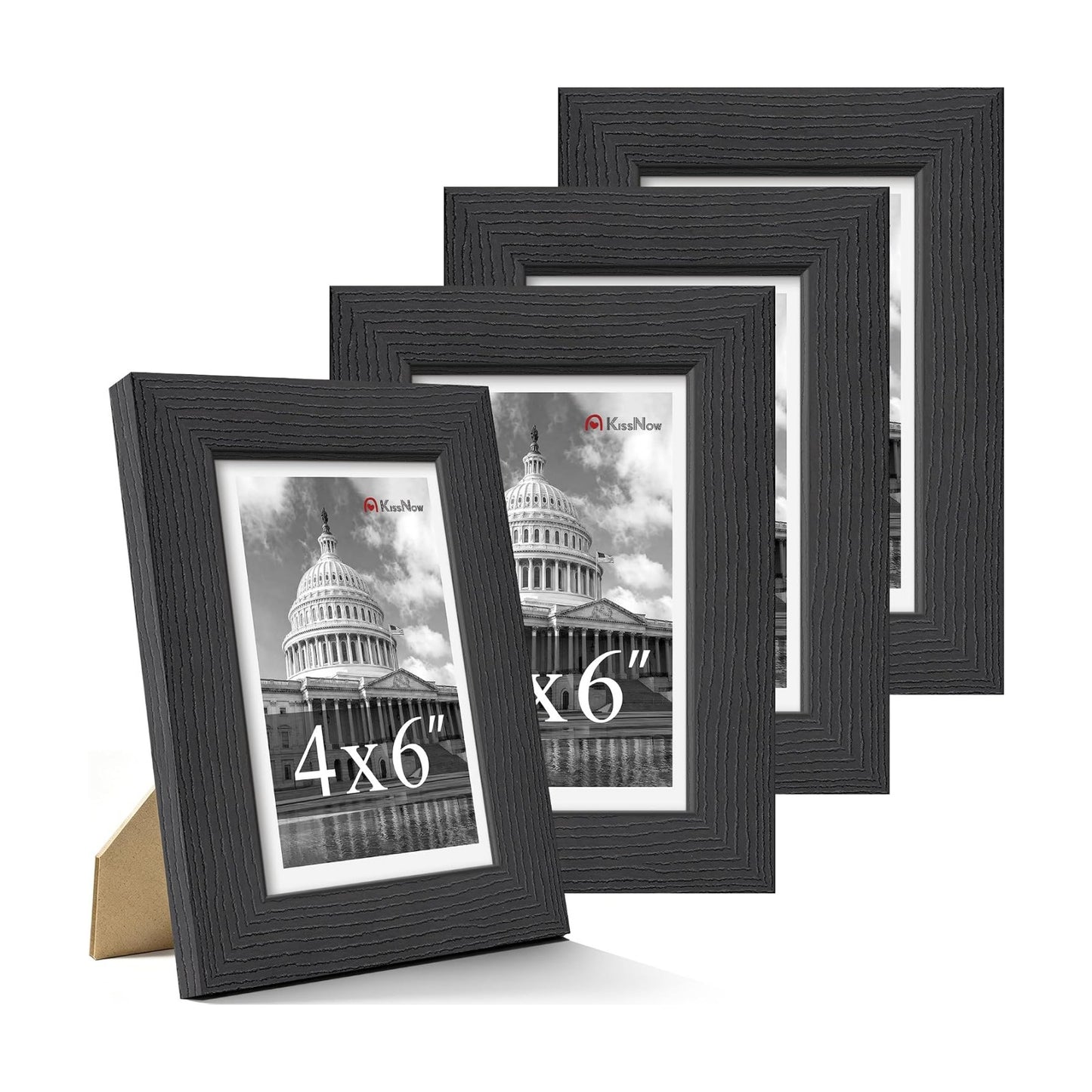 4x6 Picture Frame 4 Pack, Black Solid Wood, Wall or Tabletop | Gallery Wall Set, Thick & Wide Border, Polished