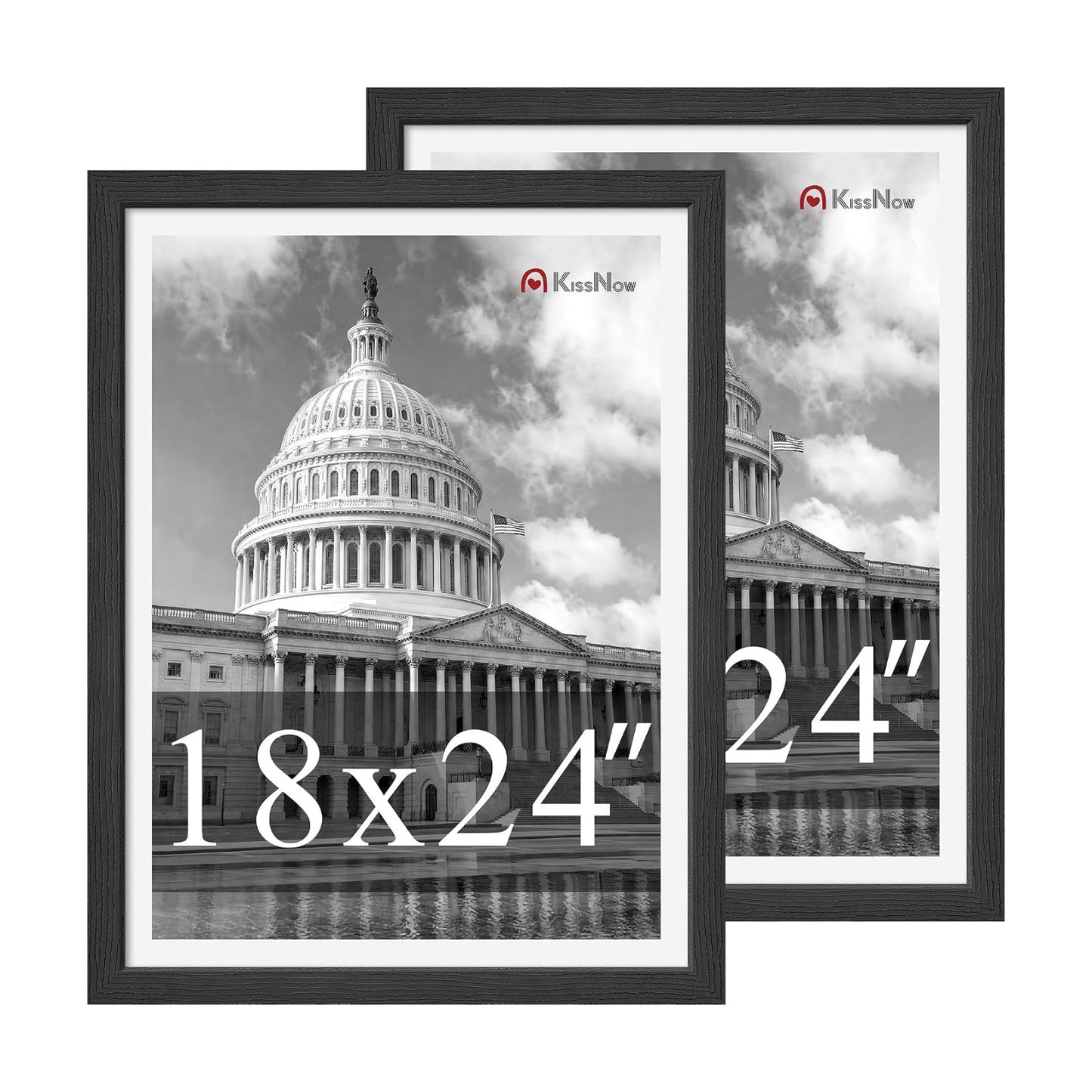 18x24 Poster Frame, Black Solid Wood, 2 Pack, Wall Hanging for Art | Thick & Wide Border, HD Plexiglass, Horizontal or