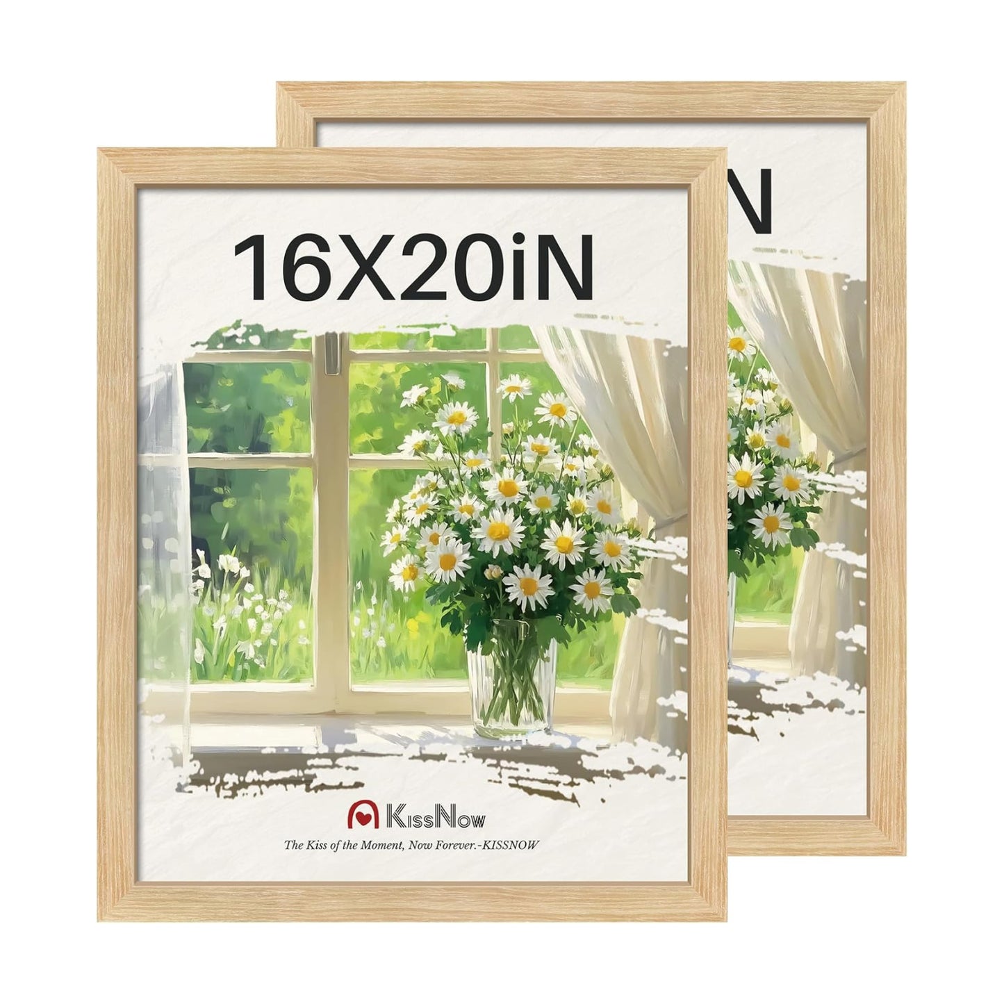 16x20 Picture Frame, Oak Solid Wood, 2 Pack, Wall Hanging for Art | Thick & Wide Border, HD Plexiglass, Horizontal or