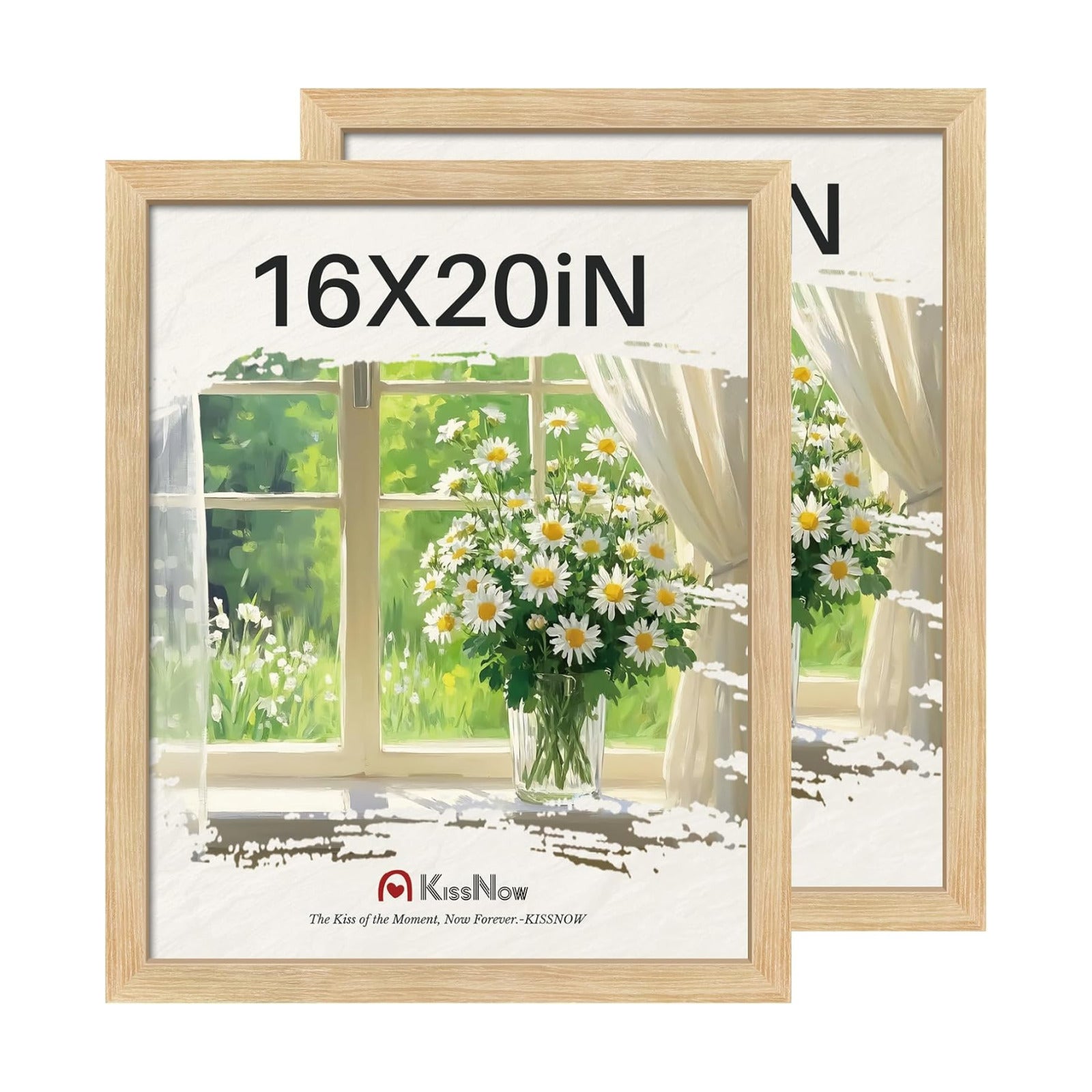 16x20 Picture Frame, Oak Solid Wood, 2 Pack, Wall Hanging for Art | Thick & Wide Border, HD Plexiglass, Horizontal or