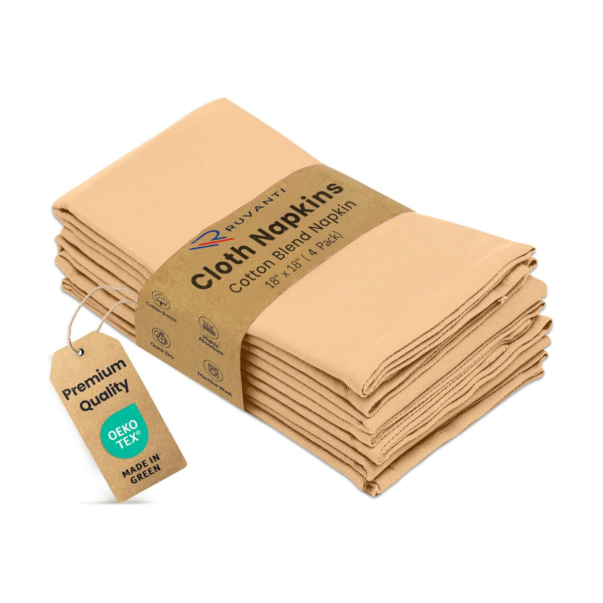 Ruvanti Cloth Napkins Set of 4, Cotton Enrich 18”x18” - Ivory Gold
