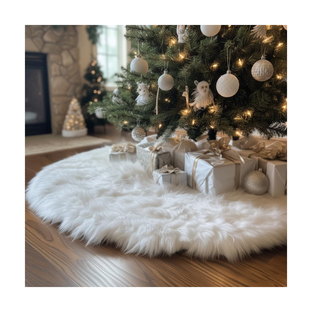 AISENO 24 Inch White Faux Fur Christmas Tree Skirt, Luxury Plush Tree Base Cover for Holiday Party and Home Christmas Decor