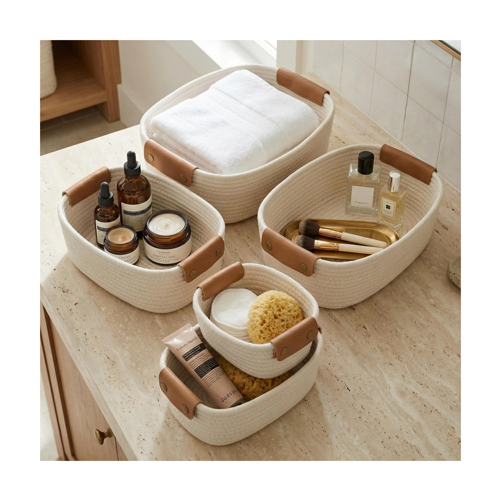 Storage Basket / Sturdy Cotton Rope Baskets / Beige / Set of 5