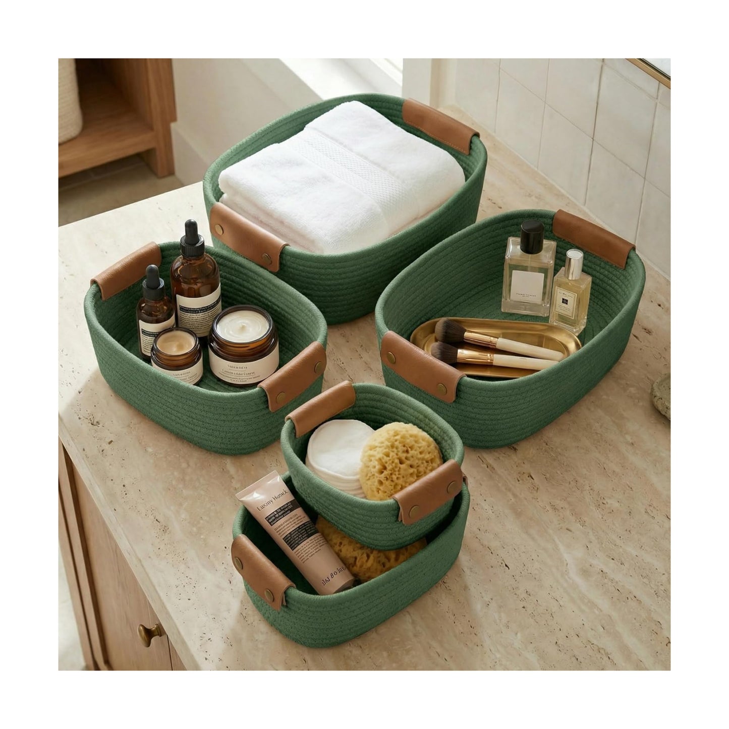 Storage Basket / Sturdy Cotton Rope Baskets / Sage / Set of 5