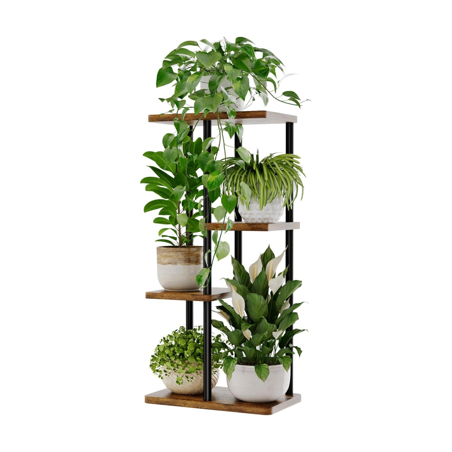 Bamworld Plant Stand 4 Tier Corner Metal Shelf Brown | Tiered shelf displays multiple plants in living rooms, bedrooms