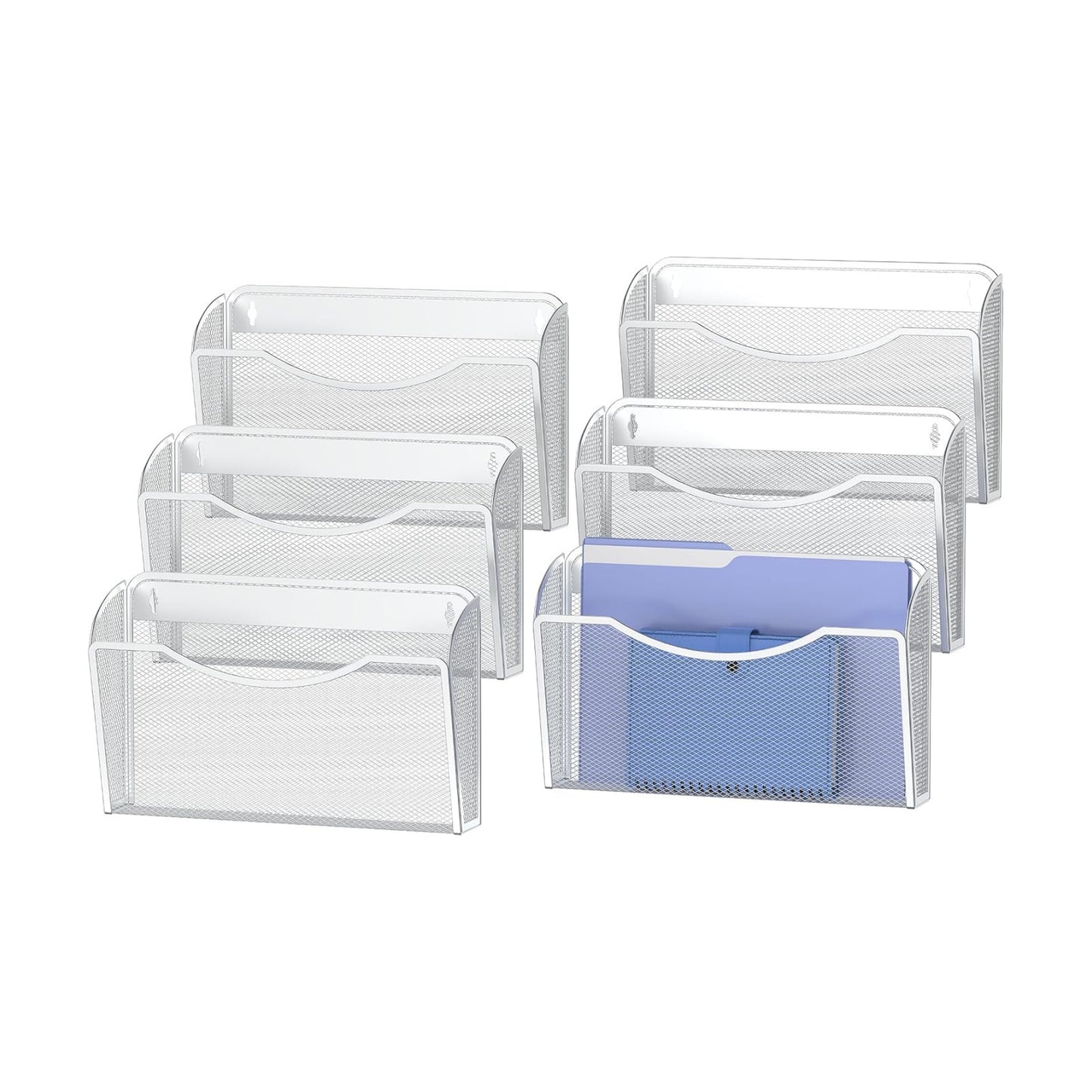 MINDEPOT Wall File Organizer, Hanging Wall File Holder, 6 Pack, Silver | Heavy Duty Iron, Metal Mesh Wall Mount, Single