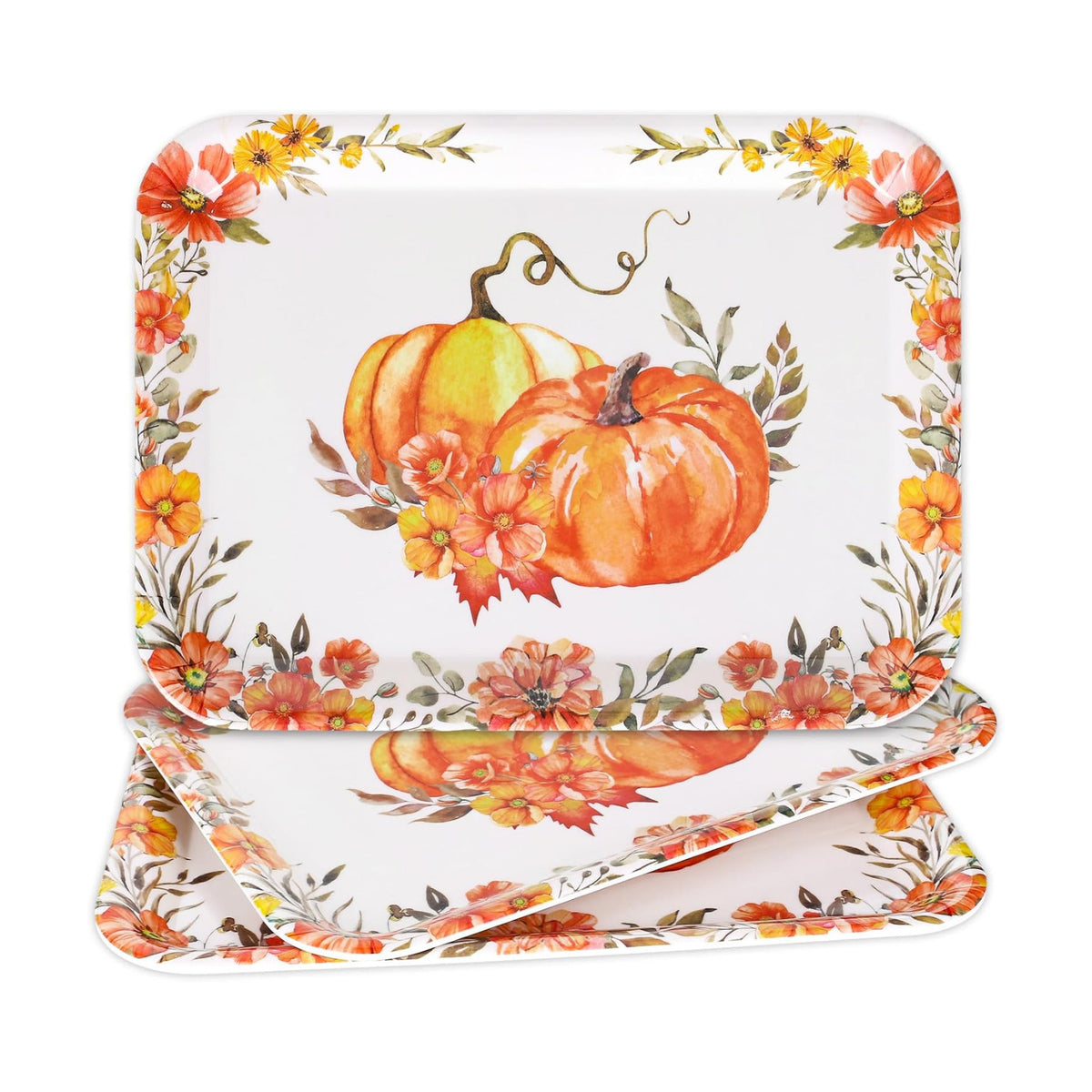JarThenaAMCS 3Pcs Fall Serving Tray, Watercolor Floral Pumpkin, 10 x 13 in