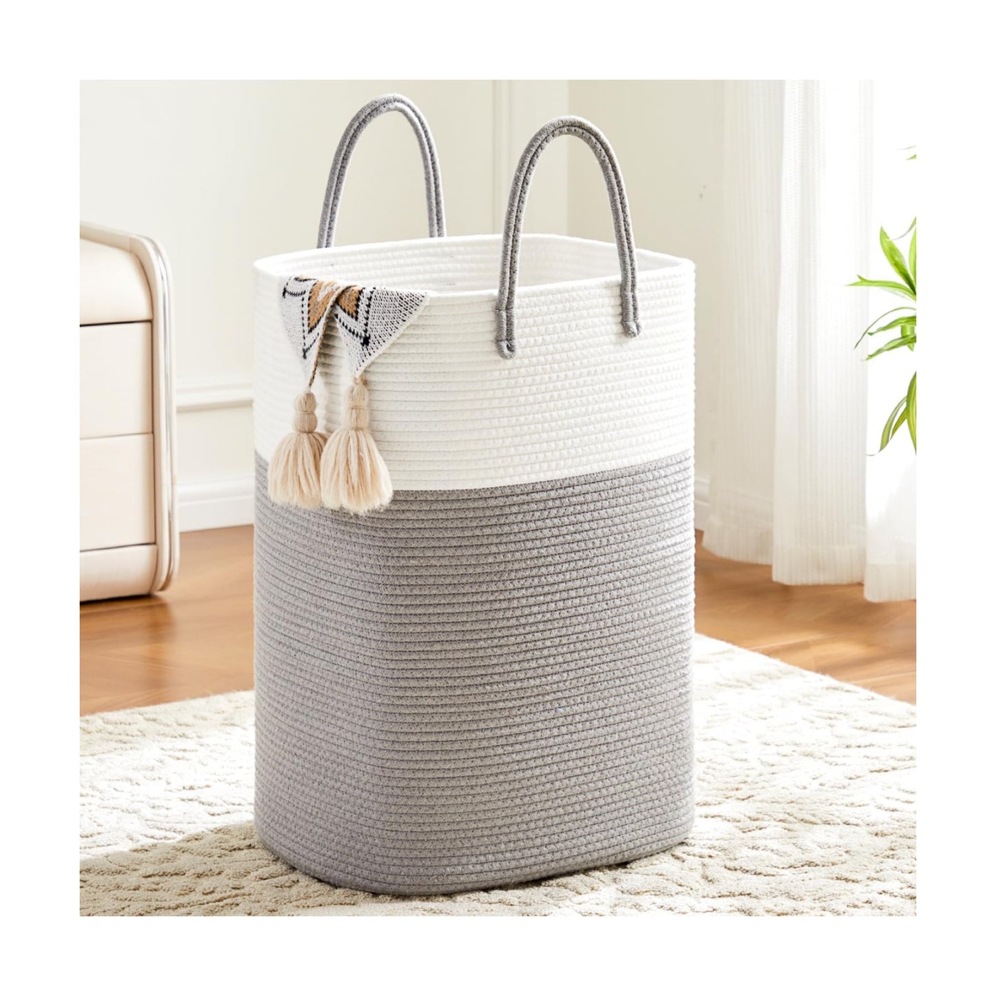 Laundry Basket / Woven Cotton Rope Laundry Hamper / 60L / Grey