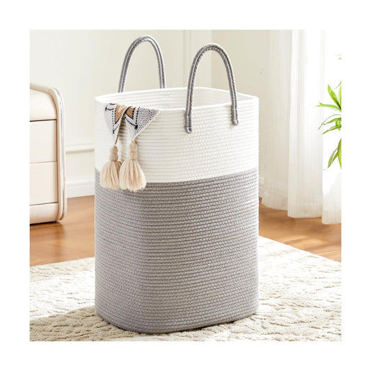 Laundry Basket / Woven Cotton Rope Laundry Hamper / 60L / Grey