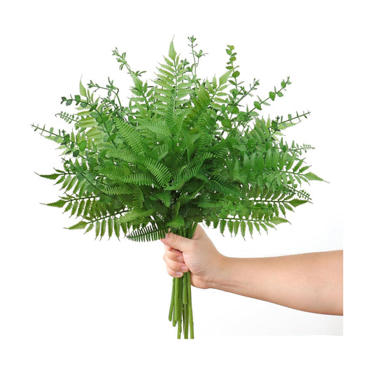 Artificial Plants Boston Fern Fake Branches Faux Shrub Bushes Greenery / Fern-green / Set of 12