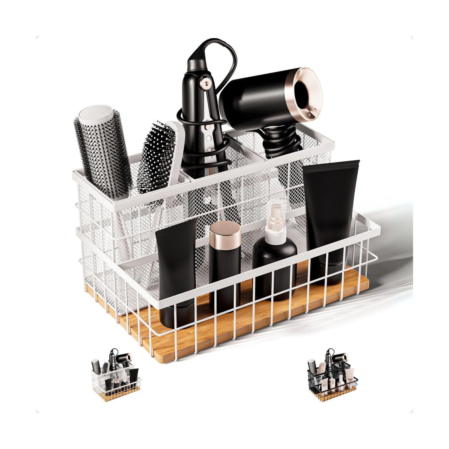 Hair Tool Organizer Countertop, Breathable Metal & Bamboo, Heat-Resistant | No Assembly Required, Removable Baskets