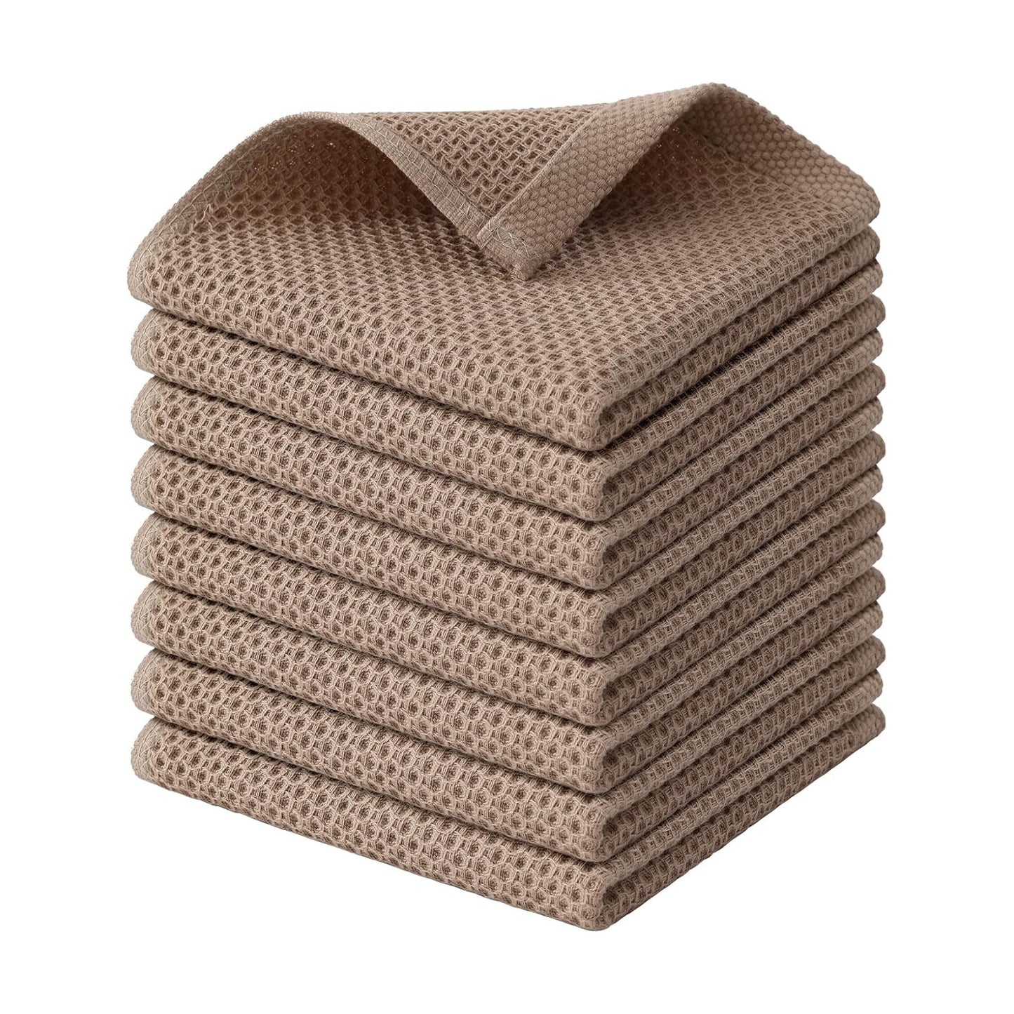 Kitinjoy 100% Cotton Waffle 8-Pack Kitchen Towels, 12" x 12", Tan | Ultra Absorbent, Super Soft, lightweight, Quick