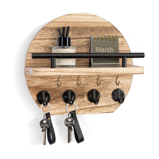 Key Holder / Shelf and 8 Key Hooks / Wood / 9.8 Inch