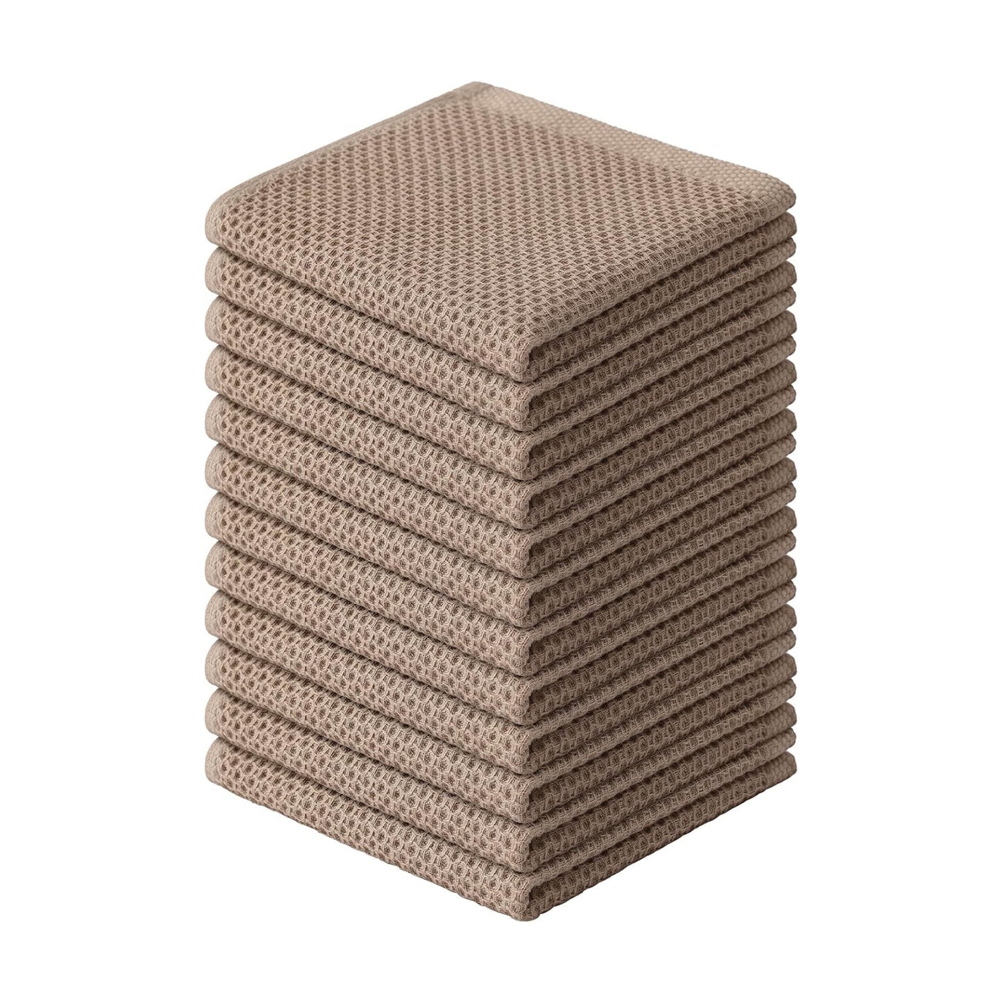 Kitinjoy 100% Cotton Waffle 12-Pack Kitchen Towels, 12" x 12", Tan | Ultra Absorbent, Super Soft, lightweight, Quick