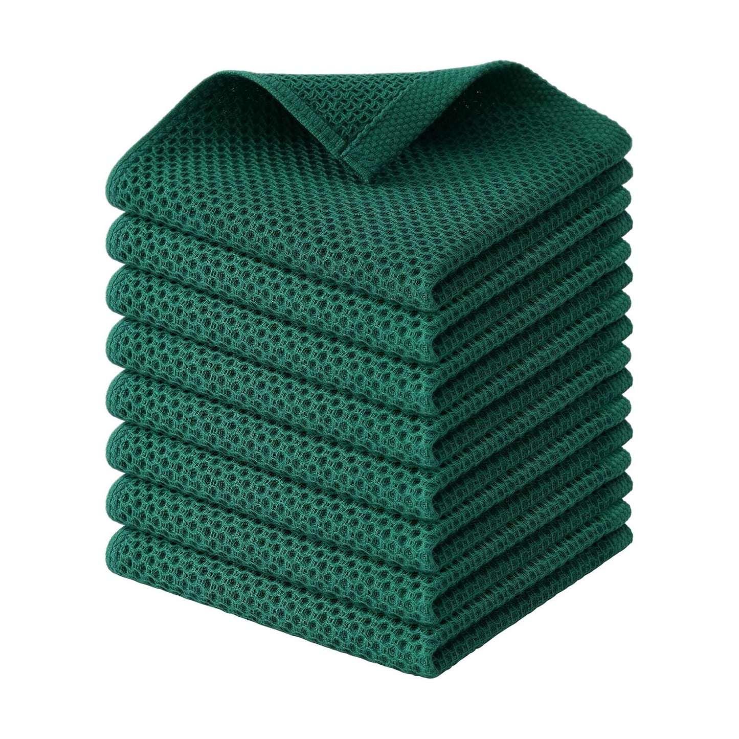 Kitinjoy 100% Cotton Waffle 8-Pack Kitchen Towels, 12" x 12", Dark Green | Ultra Absorbent, Super Soft, lightweight