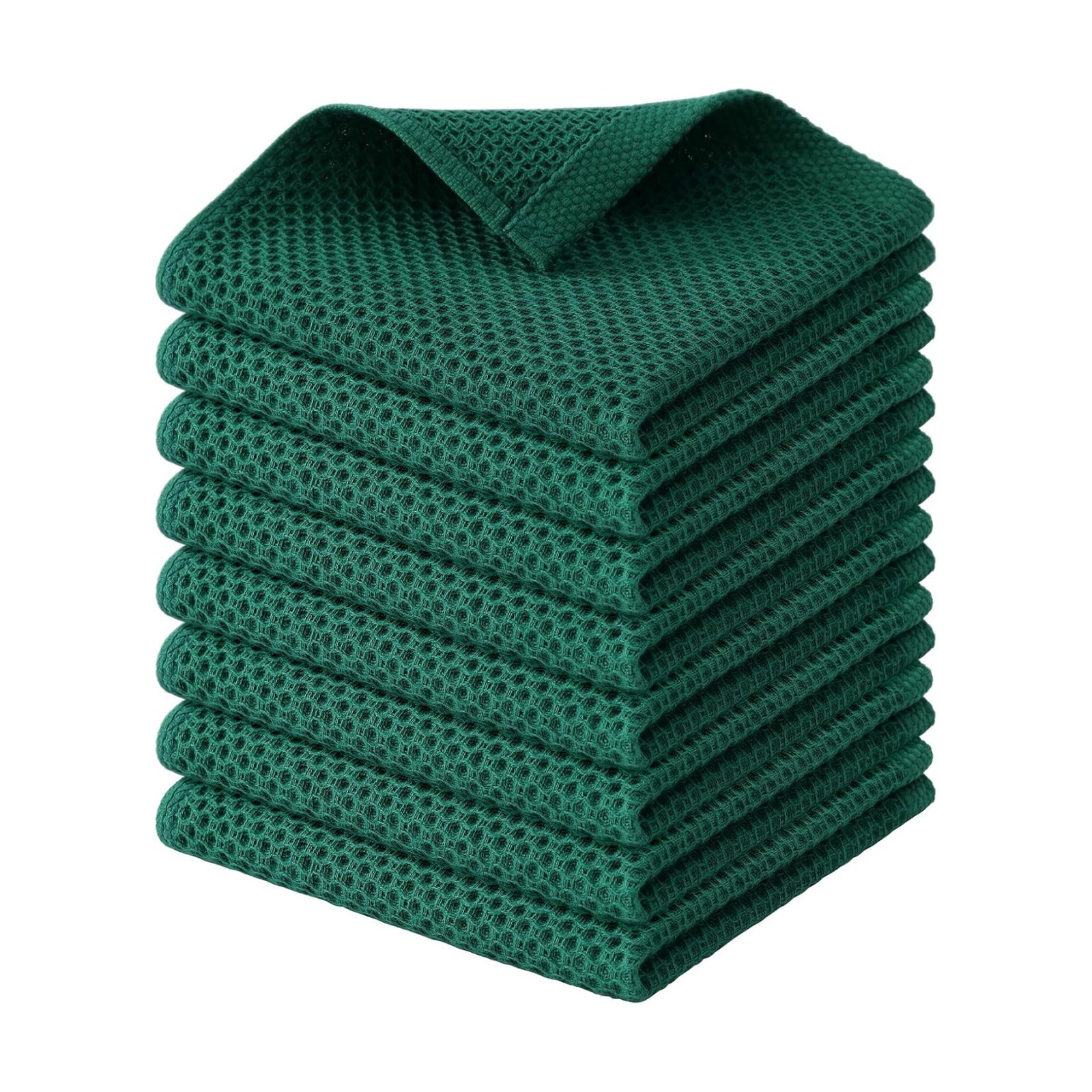 Kitinjoy 100% Cotton Waffle 8-Pack Kitchen Towels, 12" x 12", Dark Green | Ultra Absorbent, Super Soft, lightweight