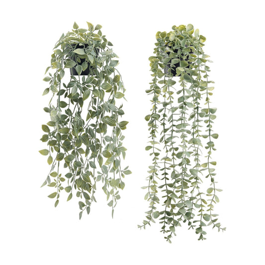 Fake Plants Hanging Artificial Decor Faux Potted Eucalyptus and Pea Pod / Gray Green / Set of 2