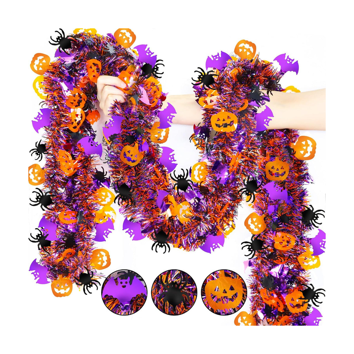 50FT Halloween Tinsel Garland with Orange Pumpkin Black Spider Purple Bat
