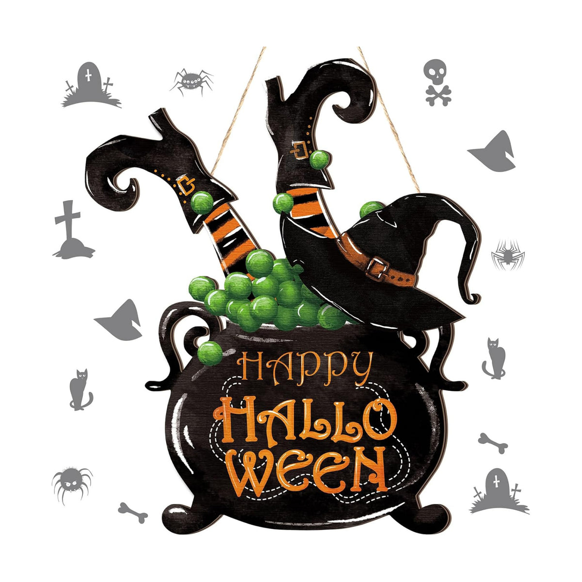 Barydat Happy Halloween Witch Cauldron Wreath Welcome Front Door Sign