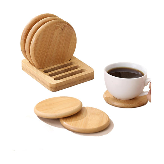 Coaster Set Holder Included / Round / Natural / Set of 6