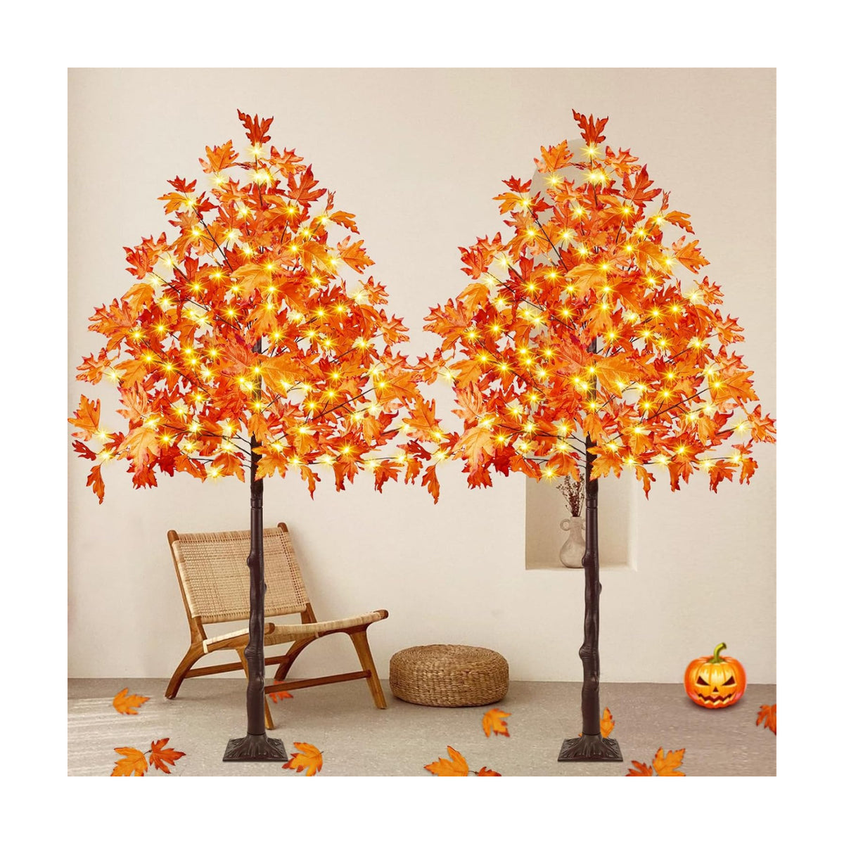 2 Pack 6FT Lighted Maple Tree 300 LED Artificial Fall Tree for Home Decor