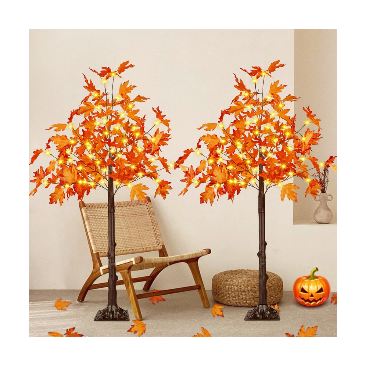 2 Pack 4FT Lighted Maple Tree 100 LED Artificial Fall Tree for Home Decor