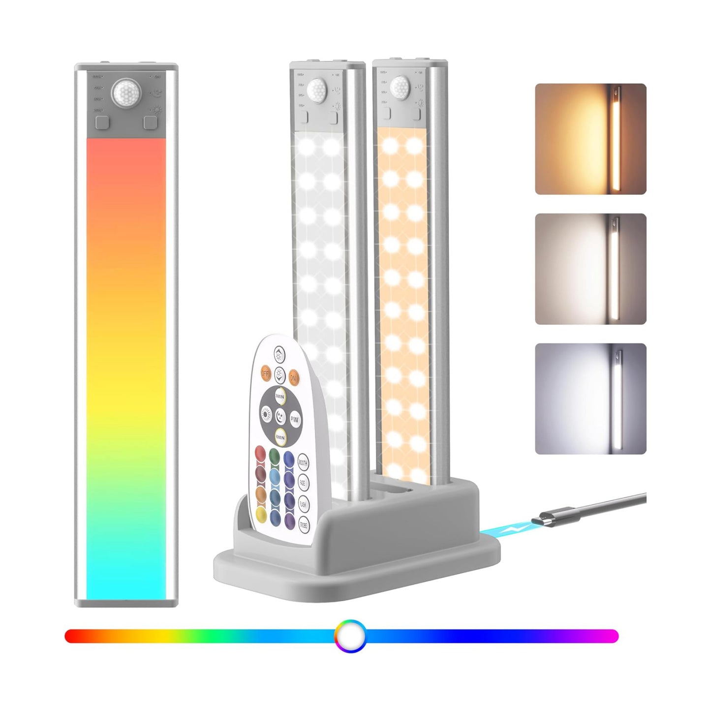 lexall Under Cabinet Lights 3 Pack with Charging Station | Rechargeable Motion Sensor, RGB Color Changing Dimmable LED