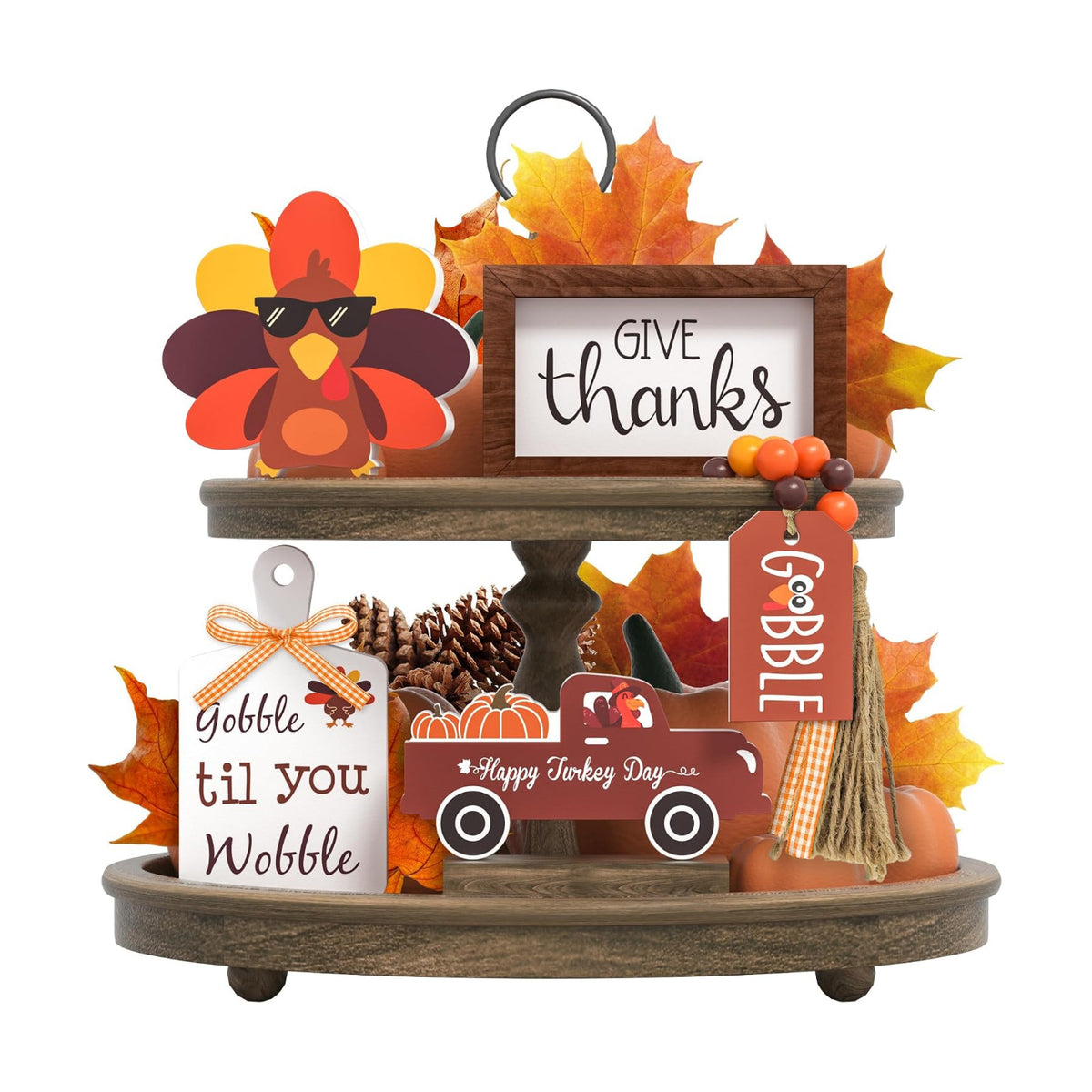 Thanksgiving Tiered Tray Decor - Give Thanks Turkey Wooden Signs Bead Garland Table Signs Farmhouse Decorations for Thanksgiving Party Home Kitchen Office
