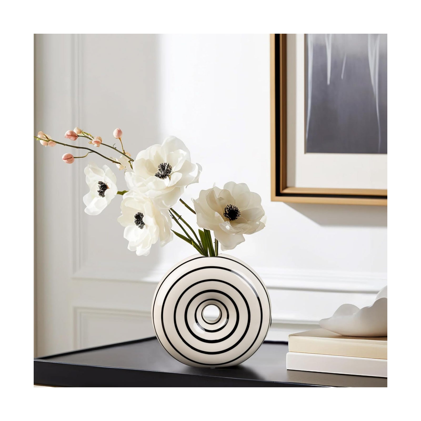 Ceramic Donut Vase Hand Painted Glossy Finish Flower Vase / Small / Black