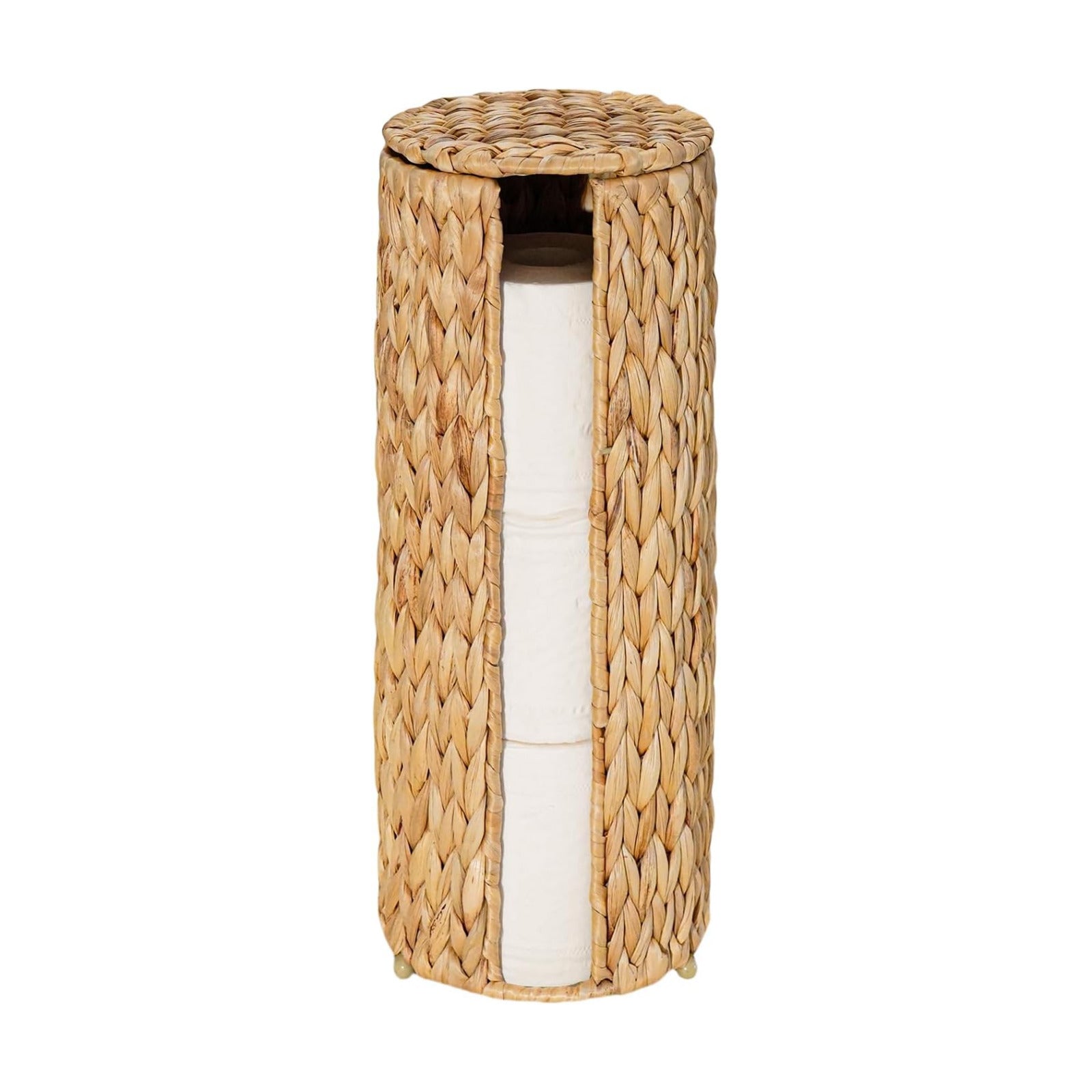 PINXIURY Water Hyacinth Paper Roll Holder, Wicker Toilet Paper Holder Stand for Bathroom, 3 Rolls of Toilet Paper