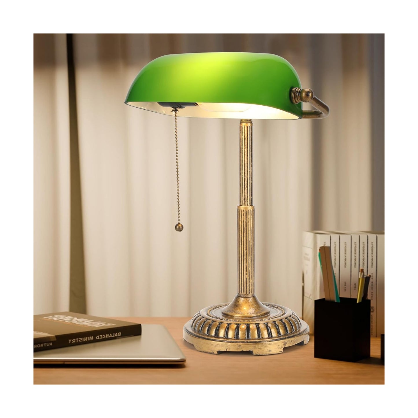 NISSAFORS Bankers Lamp, Green Desk Lamp with Pull Switch, Vintage Table Lamps for Home Office, Library, Piano (Green)