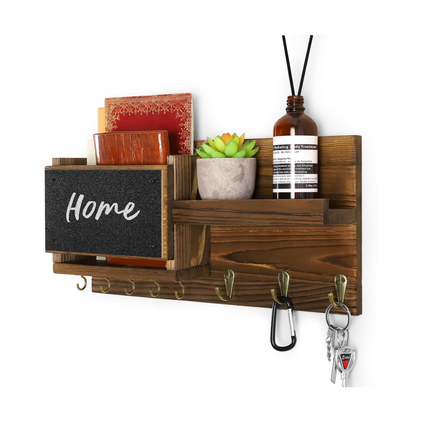 Easy Install Natural Wooden Key and Mail Holder / Brown